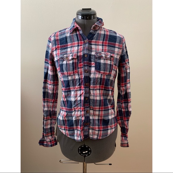 Hollister Tops - [Hollister] Navy and Red Plaid Flannel Shirt